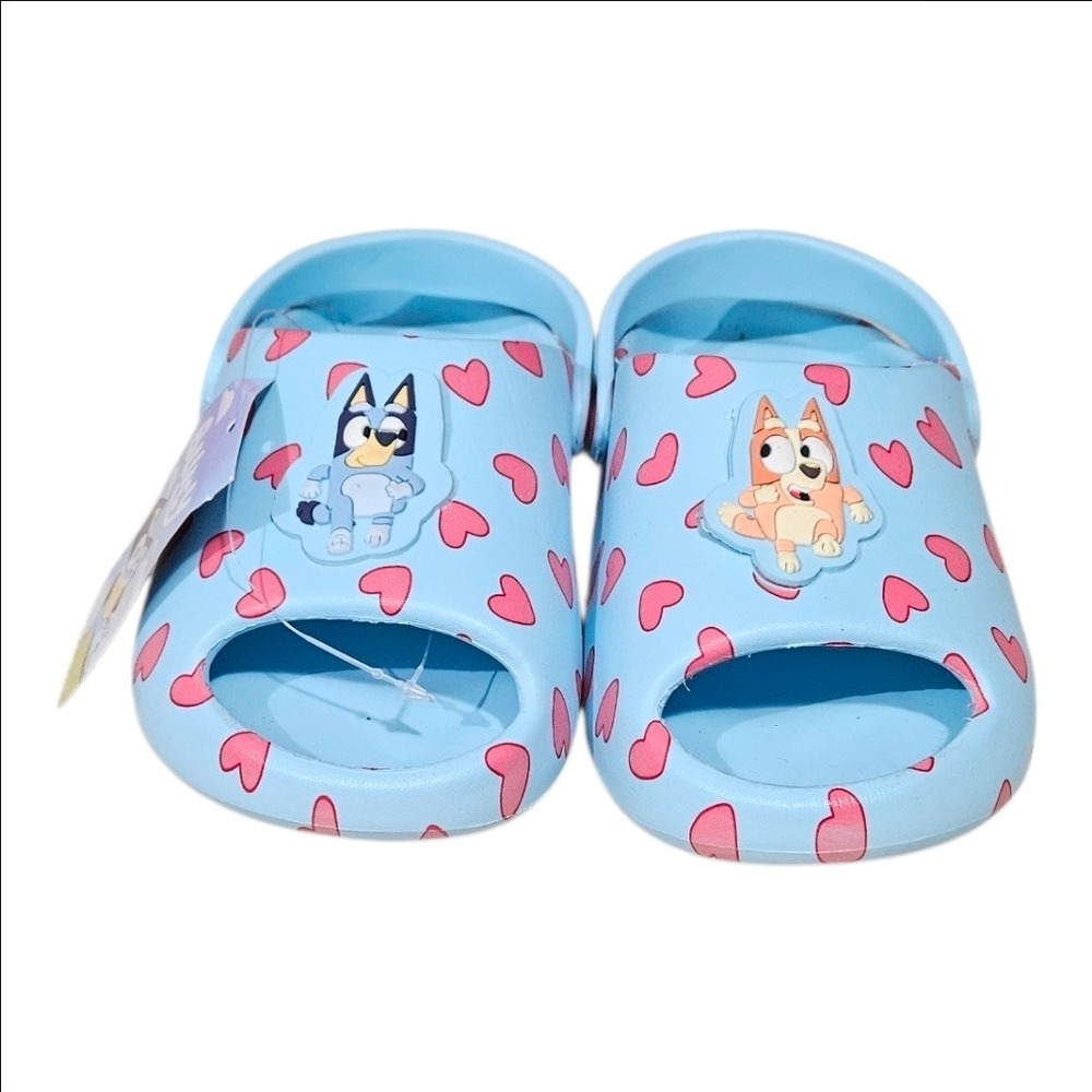 Bluey Bingo Kids Clogs Light Blue Pink Hearts Slip On Sandals Shoes Size 11-12